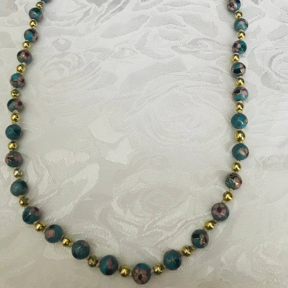 Cloisonne Necklace in Blue, Pink and Gold